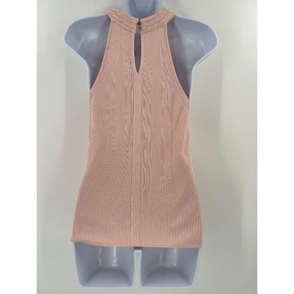WHBM Medium Pink Ribbed Halter Top Sleeveless Keyhole Mock Neck Sweater Shell - Picture 2 of 11